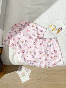 SHEIN 2件套女婴可爱格子蝴蝶结印花短袖开衫上衣和短裤舒适睡衣套装，夏季 - 淺粉色 - 查看 4