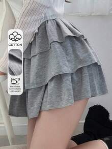 FRIFUL Women's Casual Solid Color Layered Ruffle Hem A-Line Skirt - Grey - View 7