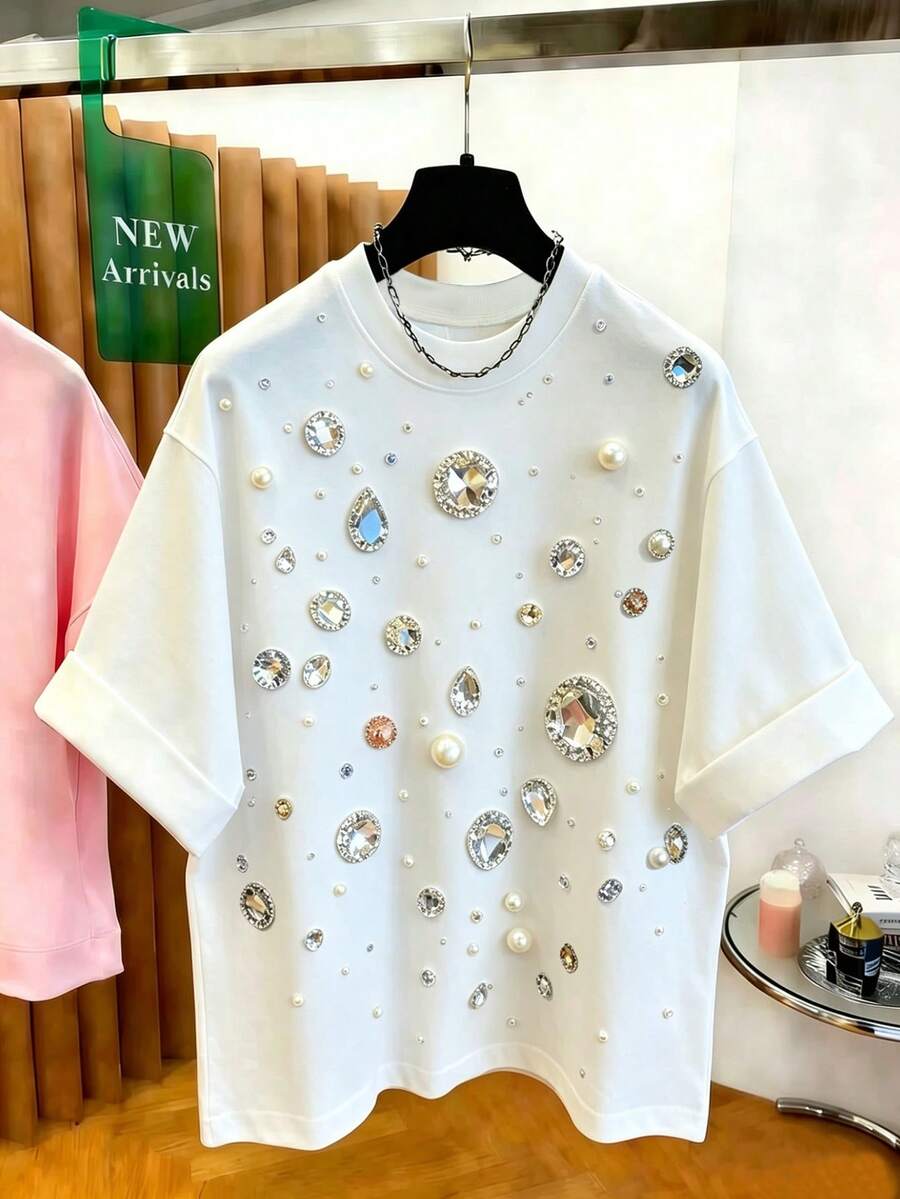 SHEIN Franclia 女士休闲街头风度假独特白色仿钻印花宽松舒适短袖T恤,夏季 - 白色 - 查看 1