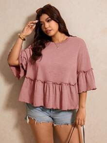 Elaquor Plus Size Solid Color Loose Fit Ruffle Trim T-Shirt - Dusty Pink - View 6