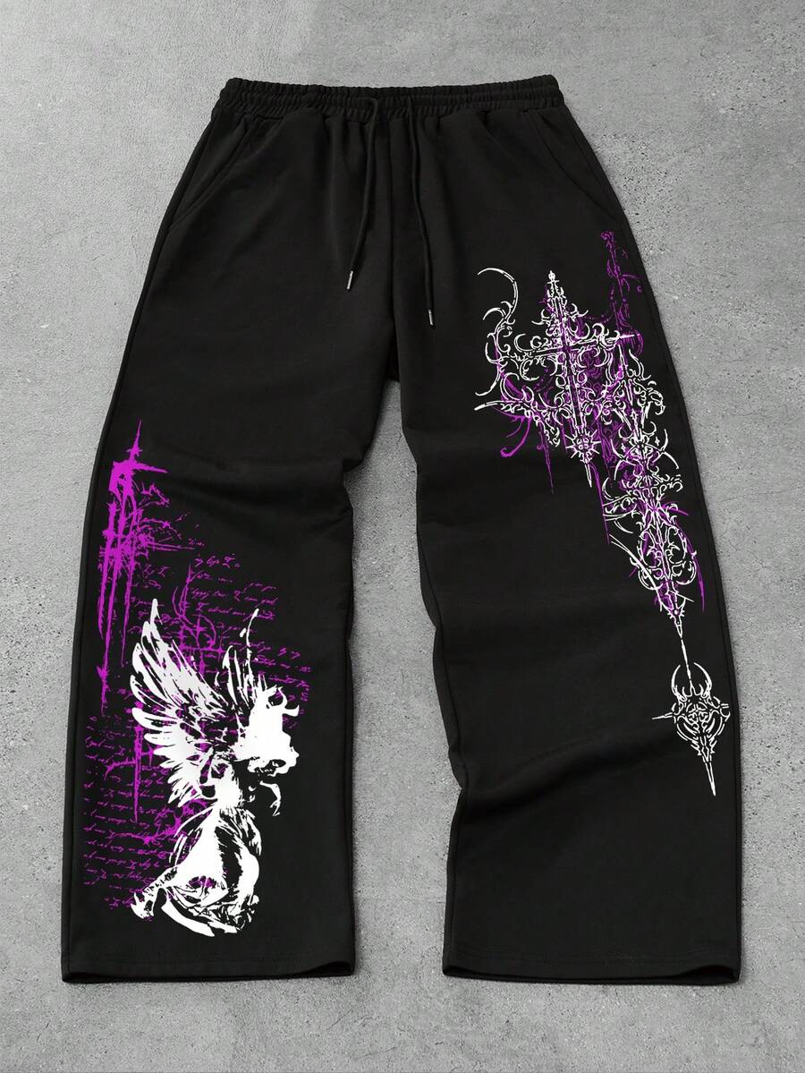 ROMWE MEN Goth 男士宽松舒适休闲运动直筒裤,黑色 - 黑色 - 查看 1