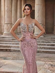 Glamrae Elegant Luxurious Sequin Embellished Strapless Mermaid Dress, Suitable For Weddings, Parties, Vacations, Galas, And Formal Events - Pink - View 8