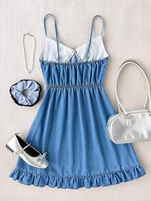 Soleia Vestido vaquero casual de verano con tirantes con volantes para mujer - Lavado ligero - Ver 3