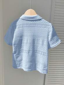 SHEIN Little Byeori 1件組小男孩休閒翻領寬鬆短袖襯衫，夏季，搭配，家庭度假，假期，返校 - 淺藍色 - 查看 2