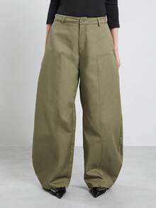 COUREZ Low Rise Medium Balloon Trousers With Seaming Detail / Y2K Casual Baggy Pants For Women Streetwear Autumn Outfits Fall Clothes Comfy 100Cotton Olive - Army Green - View 5