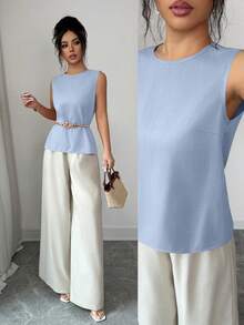 Selianne 2pcs/Set Women's Summer Elegant Work Outfit,Bamboo Fiber Sleeveless Top & Wide Leg Pants,Light Blue And White Dual-Color Casual Commuter Top & Pants - Blue - View 7
