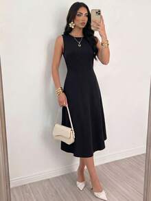 Elenzga Đầm midi không tay màu đen, thanh lịch, sang trọng, khoét eo, họa tiết hình học, hở lưng dành cho nữ, kiểu dáng ôm sát, thích hợp cho tiệc tùng, mùa hè 2026. - màu đen - Xem 3