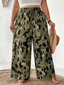 SHEIN CURVE+ Quần ống rộng dáng rộng, thắt eo bằng dây rút, in họa tiết toàn thân, đa năng, phong cách thường ngày dành cho nữ. - Đen và trắng - Xem 5