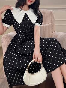 Teen Girl Summer Ladylike Polka Dot Print Puff Sleeve Dress - Black - View 1