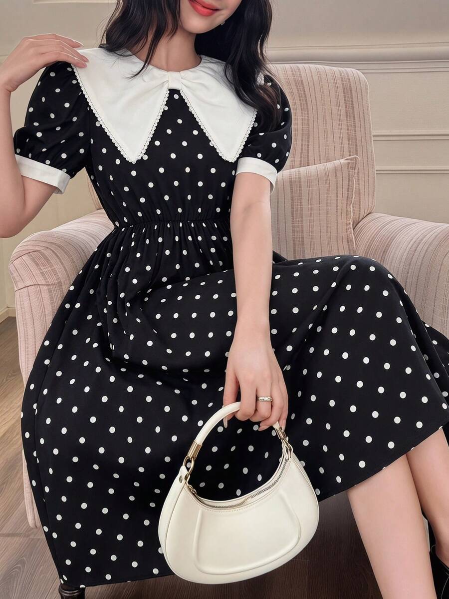 Teen Girl Summer Ladylike Polka Dot Print Puff Sleeve Dress - Black - View 1