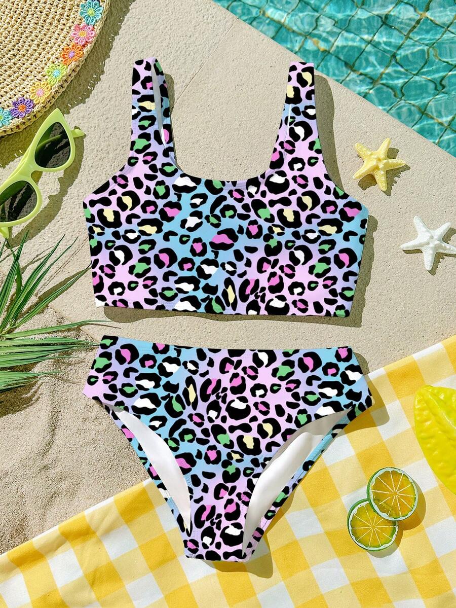Lavender Summer Cute Beach Holiday Tween Girls Colorful Ombre Leopard Print Cami Top & Triangle Bikini Set, 2 Pieces Cheetah Bathing Suit Swimwear - Multicolor - View 1