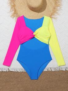 SHEIN Traje De Baño De Una Pieza Para Niña Adolescente Con Diseño Cruzado Y Bloques De Color - Azul - Ver 4