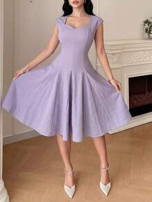 Feyla Women's Elegant Solid Color Waist Cinched Short Dress For Commuting, Summer - Purple - View 6