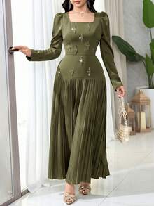 Feyla Women's Elegant Party Banquet Dress With Square Neckline, Puff Sleeves, Rhinestone Decor And Pleated Hem, Suitable For Spring And Autumn - Army Green - View 6