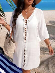 Swim Lushoire Plus Size Crochet Patchwork Deep V-Neck Loose Beach Cover Up Dress, White - White - View 3