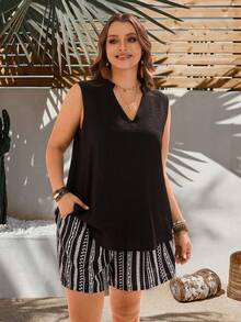 EMERY ROSE Plus Size Women's 2pc Set,Summer Black And White Boho Vacation Outfits,Solid Notch Neck Sleeveless Blouse Top & Striped Print Shorts With Pockets - Black and White - View 8