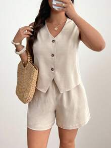 Enliva Plus Size Vest And Shorts Set For Women Summer, Elastic Waist Casual Design With Pockets, For Apple And Rounded Body Shape Bussines Dinner Beige - Apricot - View 4