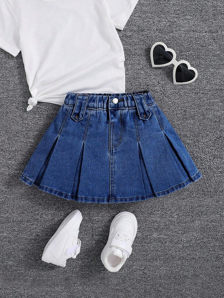 SHEIN Young Girl Plain Color Pleated Casual Denim Skirt - Dark Wash - View 1