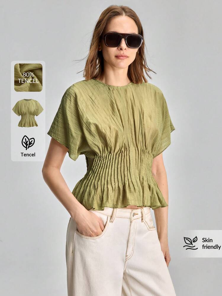 2026SS Summer New Women's Loose Fit Solid Color Military Green Blouse, Pleated Waist X-Shaped Top, Minimalist Elegant Urban Chic Design, Suitable For Outings, Vacations, Parties, Dates, Weddings, Office, School, Fashion Versatile Women's Shirt,All-Match Wardrobe,Pleated  X-Shaped Design,Waist-Defining