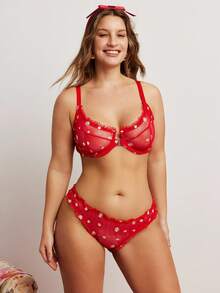 Elorette 2 件套加大码浪漫刺绣钢圈性感内衣套装，提拉 - 紅色 - 查看 5