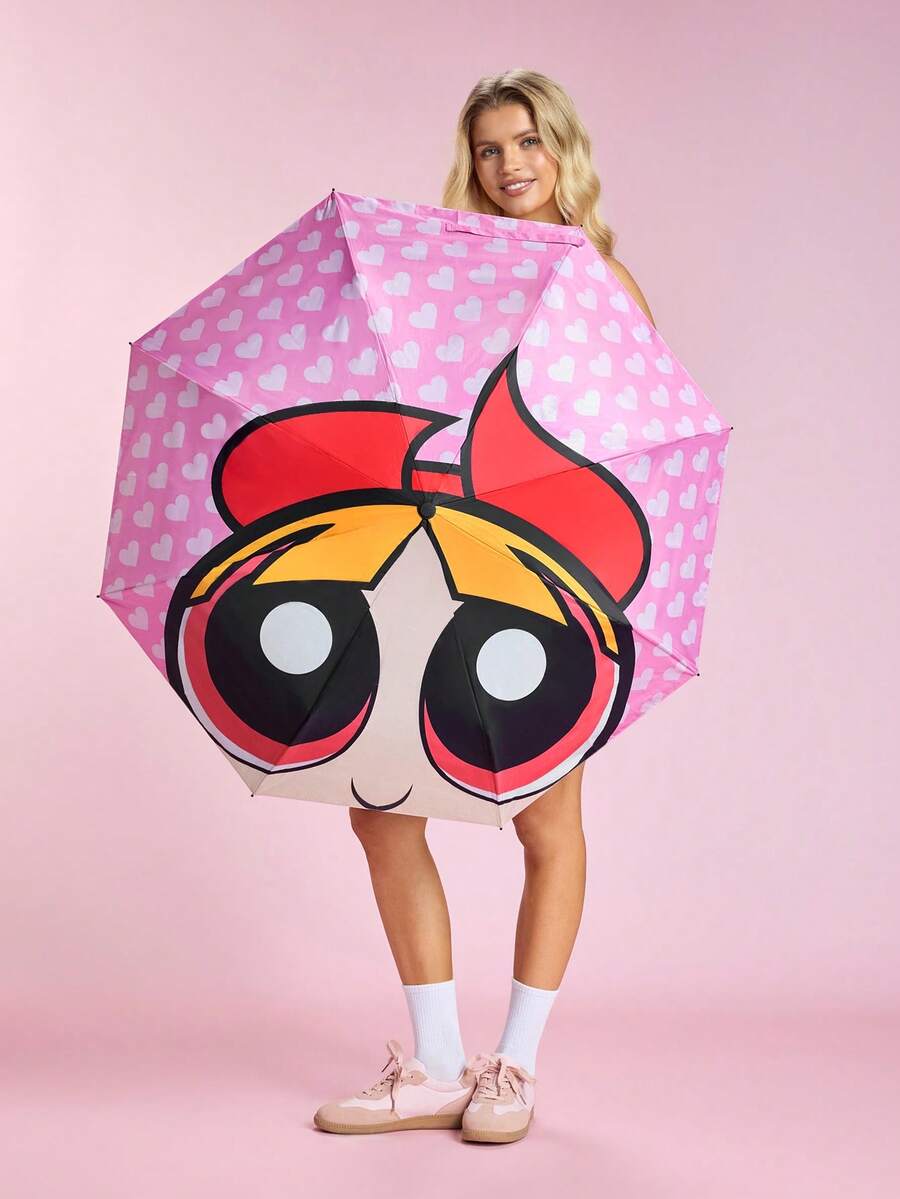 THE POWERPUFF GIRLS X SHEIN 1把印有logo的雨伞，UPF 50+防紫外线，适用于学校、工作、户外和日常使用，专为大学生、高中生、男士和女士设计，附赠烧毁之书 - 粉色 - 查看 1