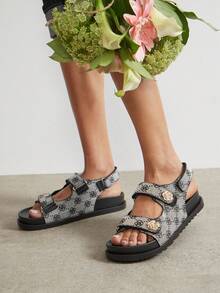 SHUZIA Sandalias de plataforma con estampado de estado, con cierre de correas de gancho y bucle y punta abierta decorativa para mujeres - Negro - Ver 4