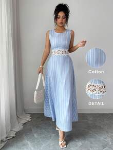 Elenzga Đầm nữ mùa hè mới, kiểu dáng thanh lịch, chất liệu cotton, phối ren tương phản, họa tiết sọc xanh dương, không tay, eo thon. - Màu xanh lam - Xem 4