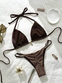 Elavelle Bikini Halter Motif Kotak-kotak Cokelat untuk Wanita dengan Tali Pengikat di Belakang dan Bagian Bawah Model Thong - Coklat - View 2