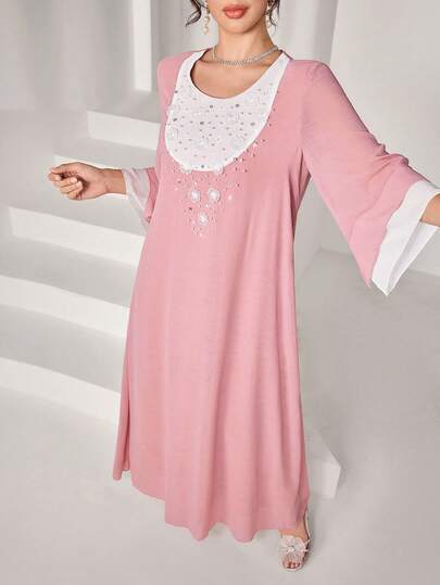 Al Najma Spring & Summer Round Neck Fashionable Elegant Contrast Color Flared Sleeve Front Floral Decor Flare Dress