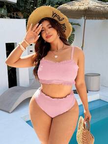 Swim Basics Plus Size Cerise Pink Jacquard Bandeau Top With Floral Trim & High Cut Waist Ruffle Triangle Bikini Set,Summer Glam Beach Holiday Women Swimsuit - Pink - View 4