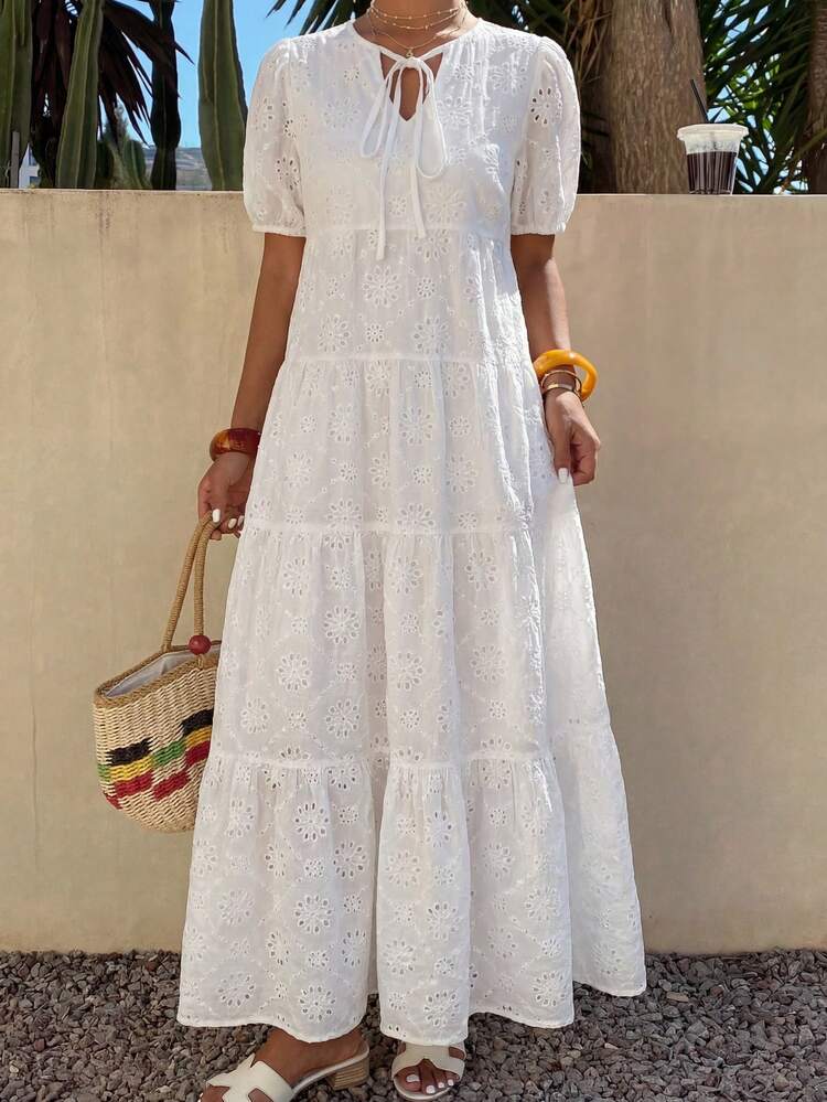 White Hollow-Out Jacquard Tie-Up Casual Vacation Beach Commute Loose Midi Dress For Women, Spring & Summer Sun Dresses For Women