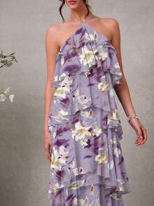 aL'Amorae Vestido maxi elegante y romántico de invitada de boda, de gasa con cuello halter y volantes sólidos - Morado - Ver 3