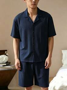 条纹开衫和长裤两件套家居服套装，青少年男童款，靛蓝色 - 藏蓝色 - 查看 1