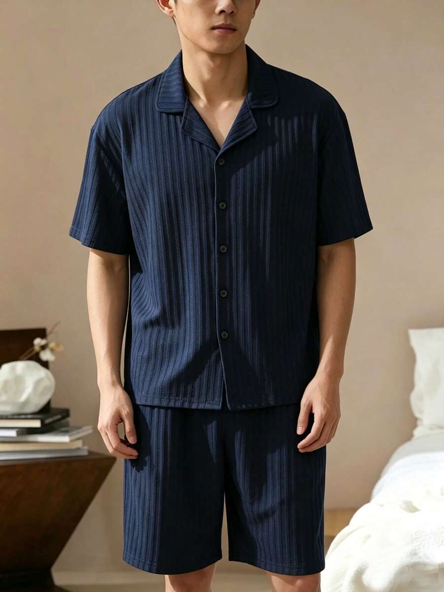 条纹开衫和长裤两件套家居服套装，青少年男童款，靛蓝色 - 藏蓝色 - 查看 1