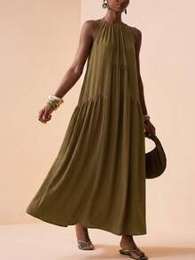 Zivah 2026 Summer New Arrival Bohemian Style Elegant Olive Green Sleeveless Loose Maxi Dress Vacation - Mustard Yellow - View 7