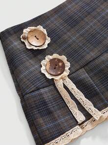 Sweetness Y2K Retro Sweet Versatile Button Decor Plaid Pleated Mini Skirt, Super Low Waist For Women - Grey - View 3