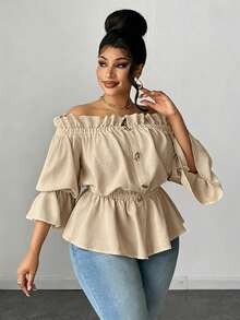 Maweii Plus Size Casual & Commute Solid Color Off Shoulder Ruffle Blouse Fall - Khaki - View 2