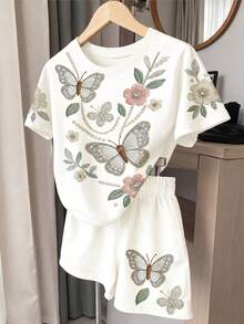 Young Girl Summer Casual Vacation & Commute Butterfly & Floral Print Short Sleeve T-Shirt And Shorts Set - Multicolor - View 5