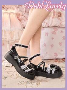 Dola Lovely Giày nữ màu xanh nhạt mũi tròn đế xuồng đế dày kiểu Mary Jane, trang trí tai thỏ dễ thương, phong cách Lolita, JK, thích hợp cho tiệc sinh nhật. - Màu xanh nơ - Xem 5