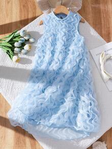 Vestido de niña sin mangas de unicolor, elegante, con textura, cuello redondo y volantes, cómodo para usar en verano, en la escuela o en fiestas - Azul - Ver 5