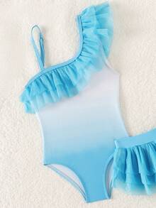 SHEIN Baby Girl Summer Beach Vacation Ombre Asymmetrical Neck Multi-Layer Mesh Ruffle One-Piece Swimsuit And Sarong Skirt Set - Blue - View 4