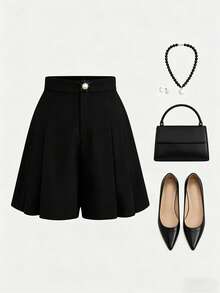 GlowEve CURVE Plus Size Pleated Casual Wide Leg Shorts - Black - View 3
