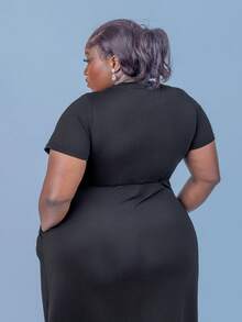 CurvyTilda Damen Kleid in Große Größen, Sommer Outfit leok, einfarbig, mit Taillengurt, A-Linie (mit Taschen), langarm - Schwarz - Übersicht 5