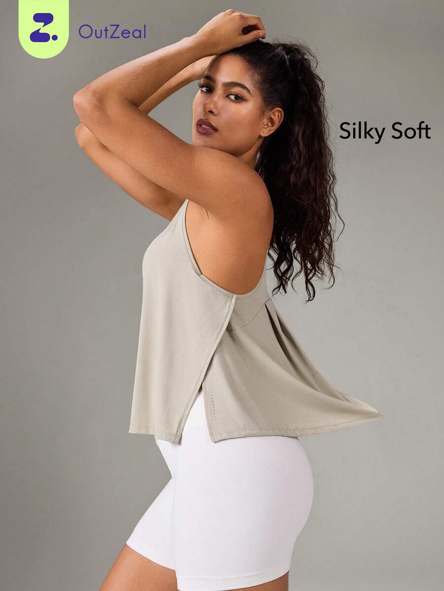 OutZeal Top deportivo para mujer, camiseta de tirantes para gimnasio, tenis, yoga, suave y sedoso, top activo de verano - Caqui - Ver 1
