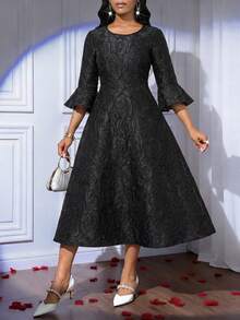 SHEIN Lady Đầm nữ thanh lịch tay bồng xếp ly, eo thắt, chất liệu jacquard, thích hợp cho mùa xuân và mùa thu. - màu đen - Xem 3