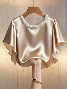 Velvienne Plus Size Women Satin Shirt With Pearl Decor, Elegant & Minimalist - Champagne - View 7