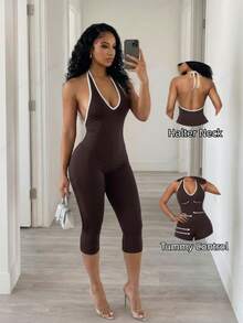 BamGleam Bộ jumpsuit ôm sát gợi cảm không đường may SHEIN, kiểu cổ yếm hở lưng, cổ chữ V sâu. - Màu nâu  Mocha - Xem 1