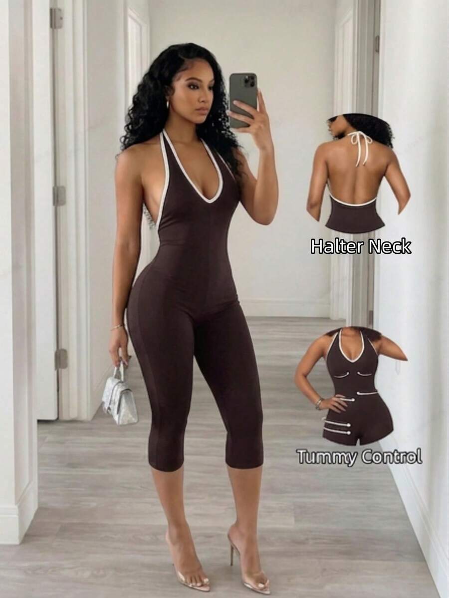 BamGleam Bộ jumpsuit ôm sát gợi cảm không đường may SHEIN, kiểu cổ yếm hở lưng, cổ chữ V sâu. - Màu nâu  Mocha - Xem 1