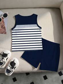Souflis Souflis 2pcs Baby Boy Casual Striped Pattern & Polo Logo Print Vest + Solid Color Shorts Set, Suitable For Summer Outings - Multicolor - View 2