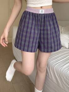 DAZY Pantalones cortos de pijama con estampado de cuadros, parches y cintura elástica para mujer, para verano - Morado - Ver 5
